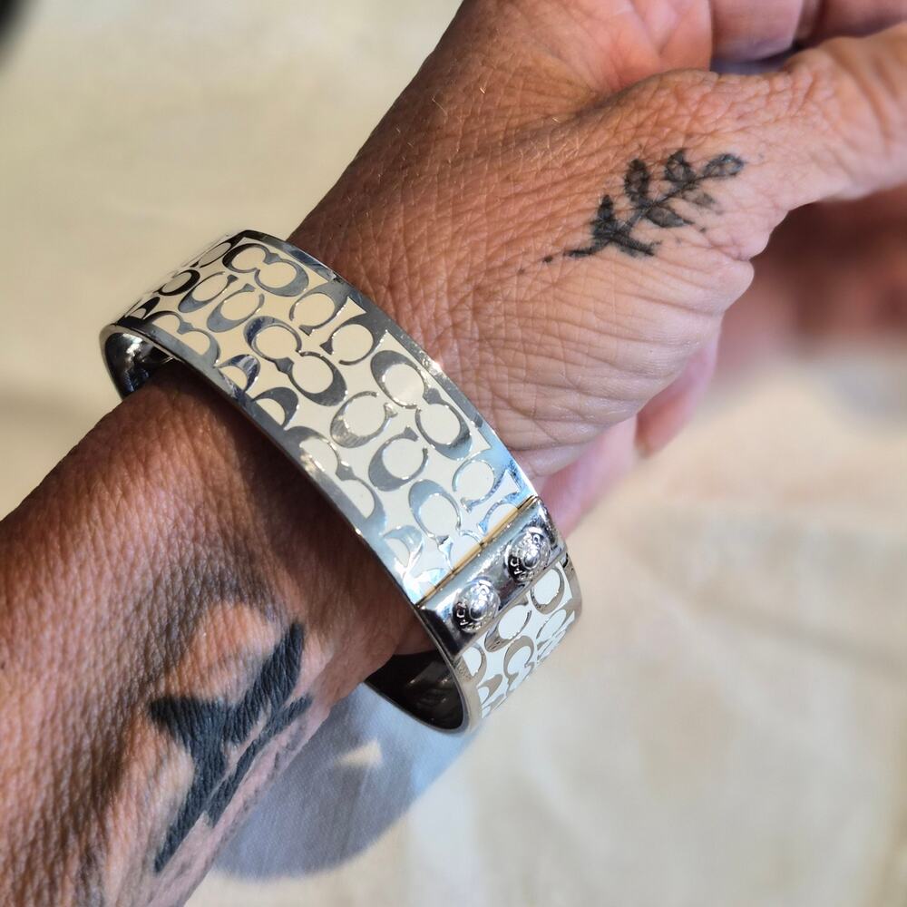 COACH Signature C White Enamel Silver Tone Wide Bangle Bracelet - Picture 7 of 7